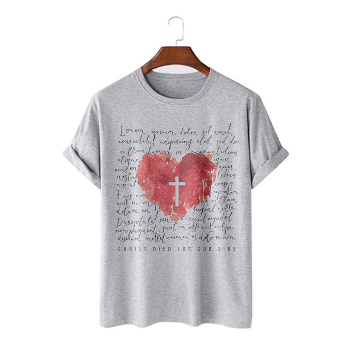 Christianartworkshop Fresh Style Cross and Heart Short Sleeve Washed T-shirt