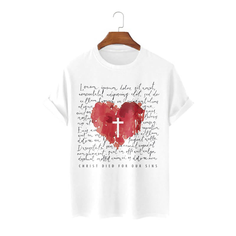 Christianartworkshop Fresh Style Cross and Heart Short Sleeve Washed T-shirt