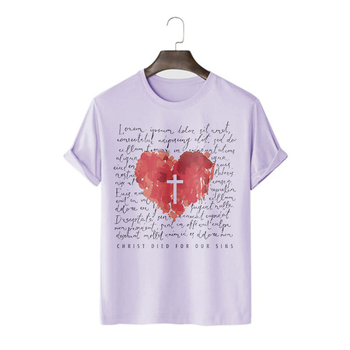 Christianartworkshop Fresh Style Cross and Heart Short Sleeve Washed T-shirt