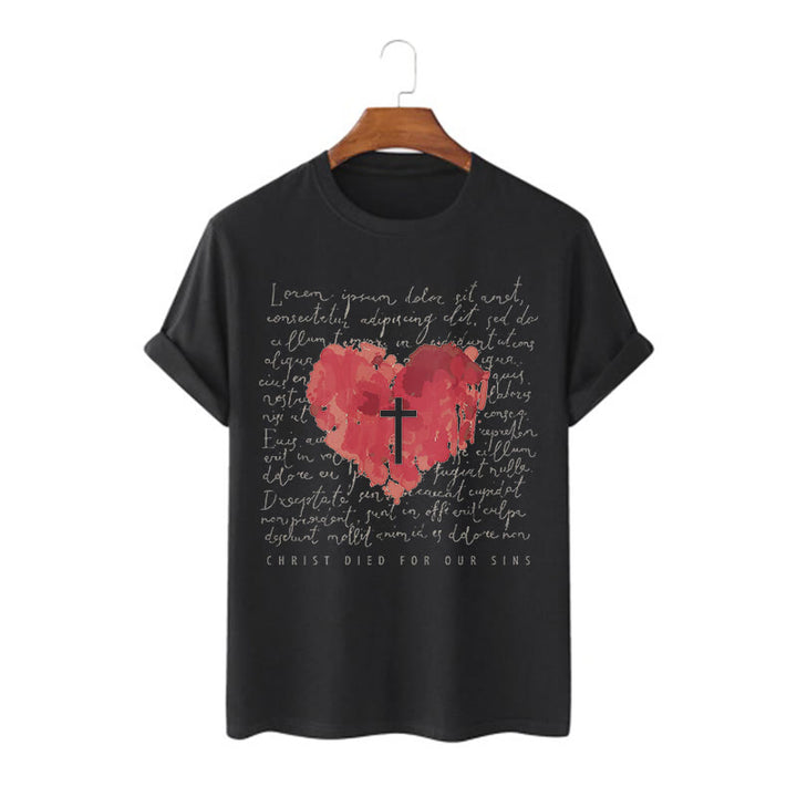 Christianartworkshop Fresh Style Cross and Heart Short Sleeve Washed T-shirt