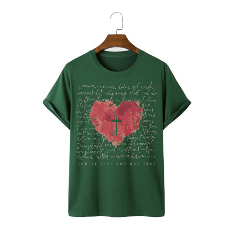 Christianartworkshop Fresh Style Cross and Heart Short Sleeve Washed T-shirt