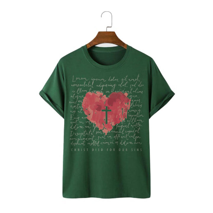 Christianartworkshop Fresh Style Cross and Heart Short Sleeve Washed T-shirt