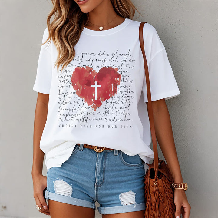 Christianartworkshop Fresh Style Cross and Heart Short Sleeve Washed T-shirt