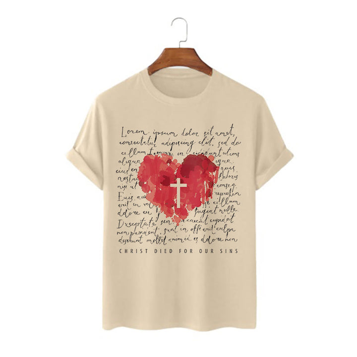 Christianartworkshop Fresh Style Cross and Heart Short Sleeve Washed T-shirt