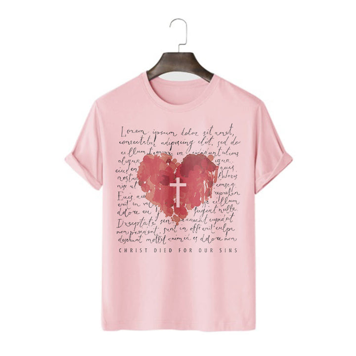 Christianartworkshop Fresh Style Cross and Heart Short Sleeve Washed T-shirt