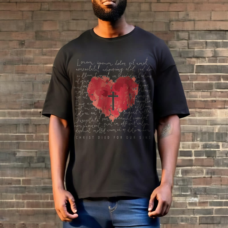 Christianartworkshop Fresh Style Cross and Heart Short Sleeve Washed T-shirt