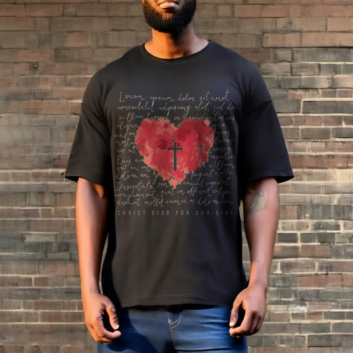 Christianartworkshop Fresh Style Cross and Heart Short Sleeve Washed T-shirt