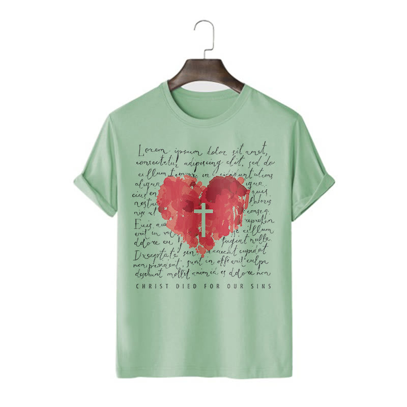 Christianartworkshop Fresh Style Cross and Heart Short Sleeve Washed T-shirt