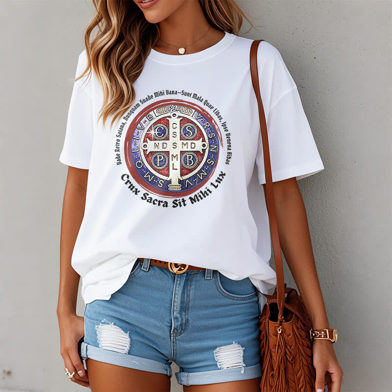 Christianartworkshop Classic Style Saint Benedict Medal Short Sleeve Washed T-shirt