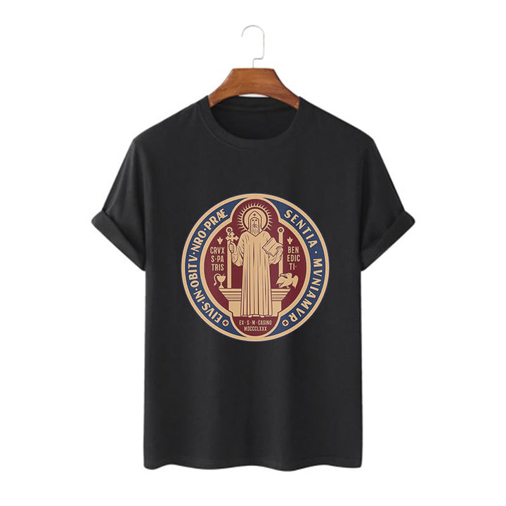 Christianartworkshop Classic Style Iconic Saint Benedict Medal Blessing Short Sleeve Washed T-shirt