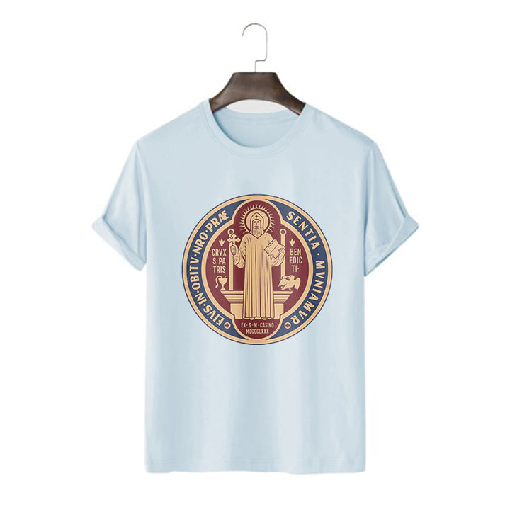 Christianartworkshop Classic Style Iconic Saint Benedict Medal Blessing Short Sleeve Washed T-shirt