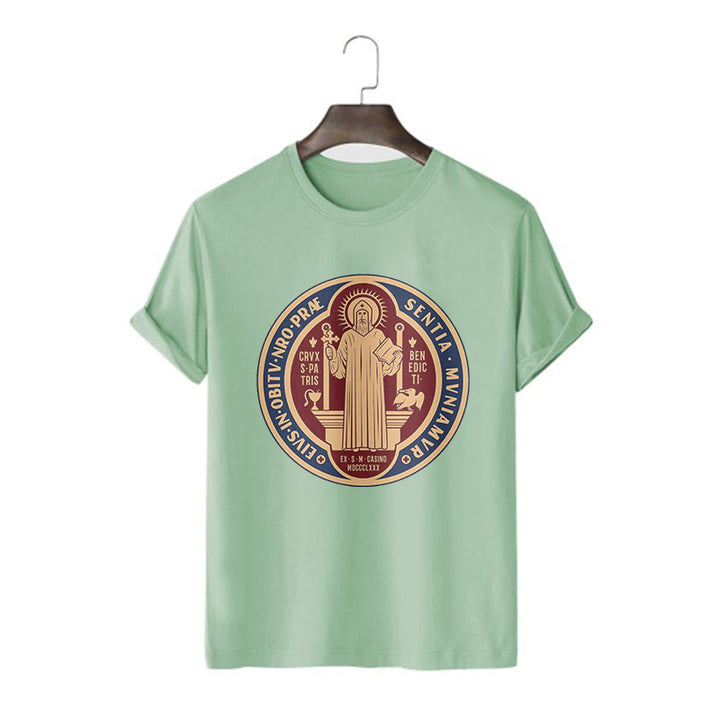 Christianartworkshop Classic Style Iconic Saint Benedict Medal Blessing Short Sleeve Washed T-shirt