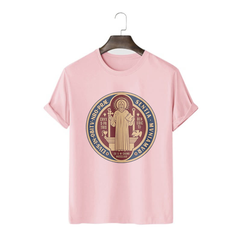 Christianartworkshop Classic Style Iconic Saint Benedict Medal Blessing Short Sleeve Washed T-shirt