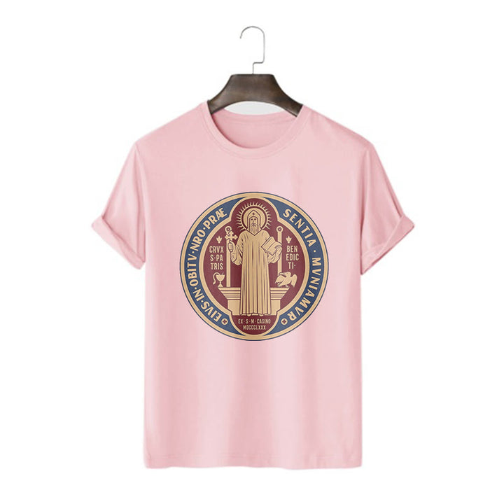 Christianartworkshop Classic Style Iconic Saint Benedict Medal Blessing Short Sleeve Washed T-shirt