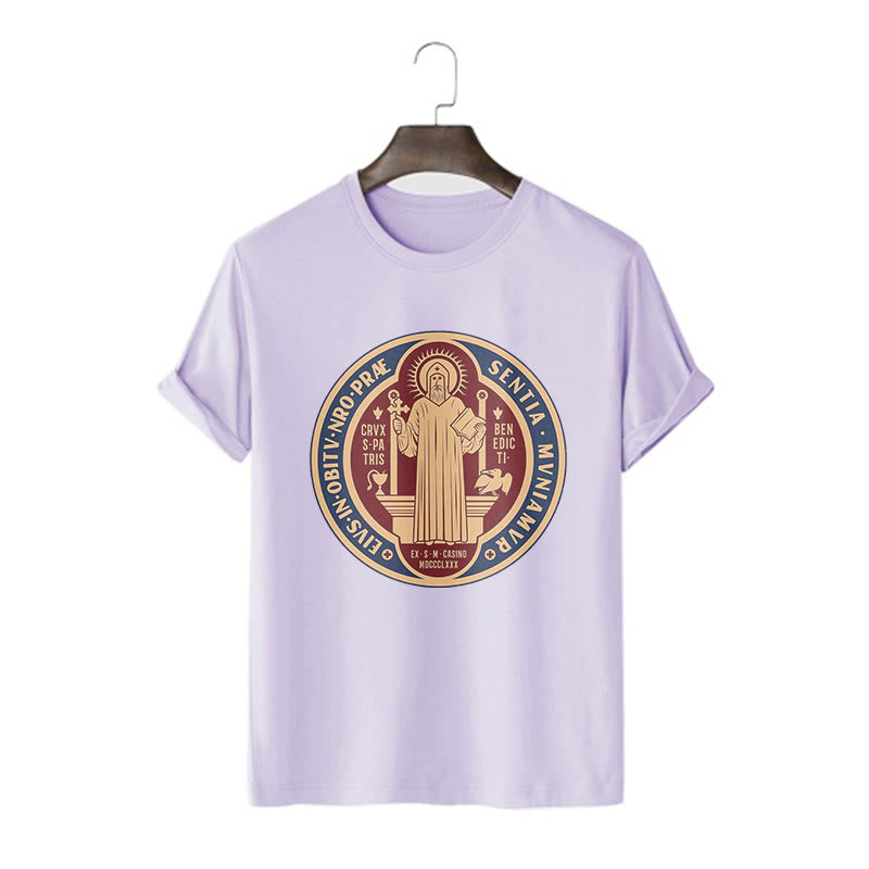 Christianartworkshop Classic Style Iconic Saint Benedict Medal Blessing Short Sleeve Washed T-shirt