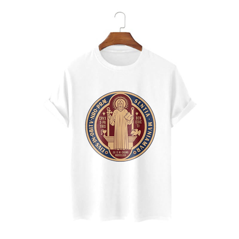 Christianartworkshop Classic Style Iconic Saint Benedict Medal Blessing Short Sleeve Washed T-shirt