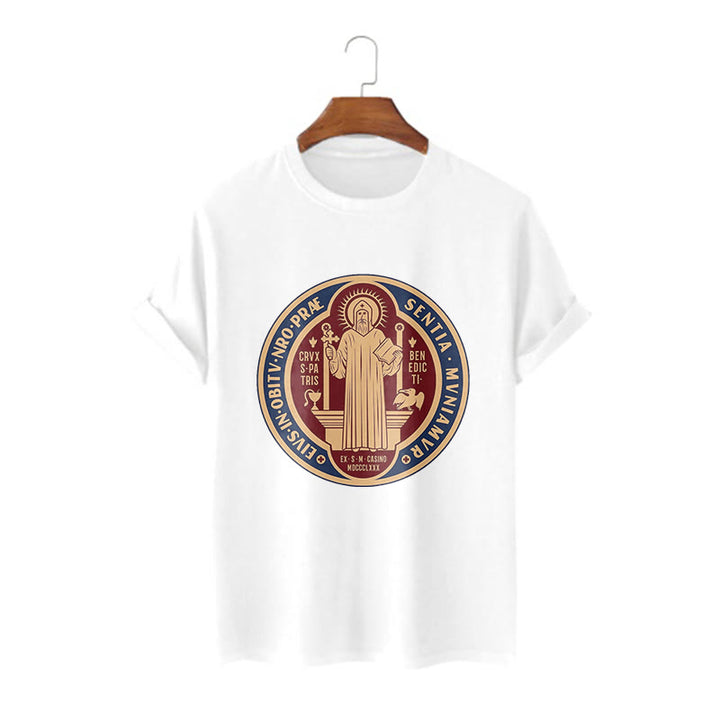 Christianartworkshop Classic Style Iconic Saint Benedict Medal Blessing Short Sleeve Washed T-shirt