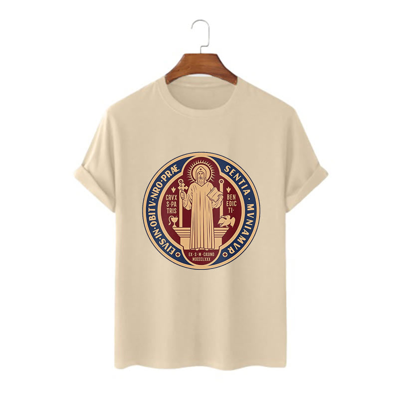 Christianartworkshop Classic Style Iconic Saint Benedict Medal Blessing Short Sleeve Washed T-shirt