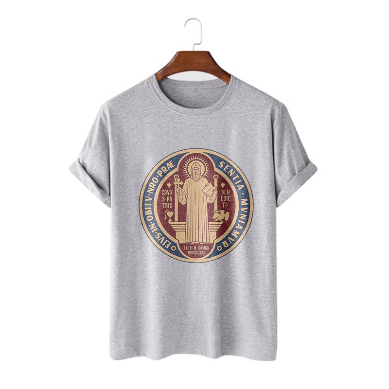 Christianartworkshop Classic Style Iconic Saint Benedict Medal Blessing Short Sleeve Washed T-shirt