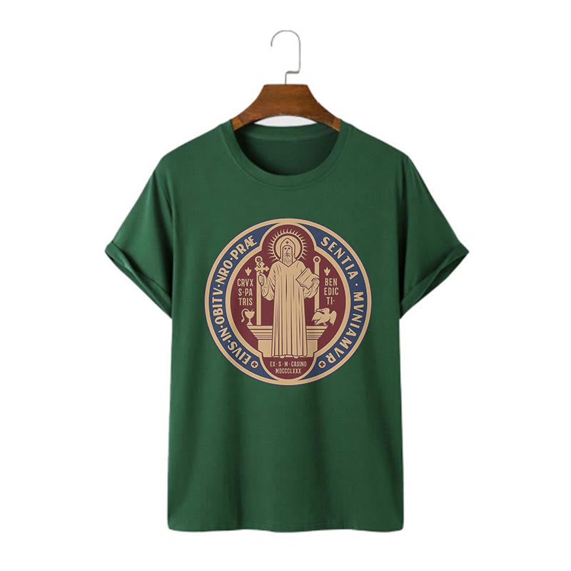 Christianartworkshop Classic Style Iconic Saint Benedict Medal Blessing Short Sleeve Washed T-shirt