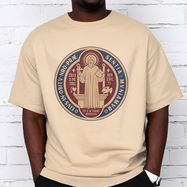 Christianartworkshop Classic Style Iconic Saint Benedict Medal Blessing Short Sleeve Washed T-shirt