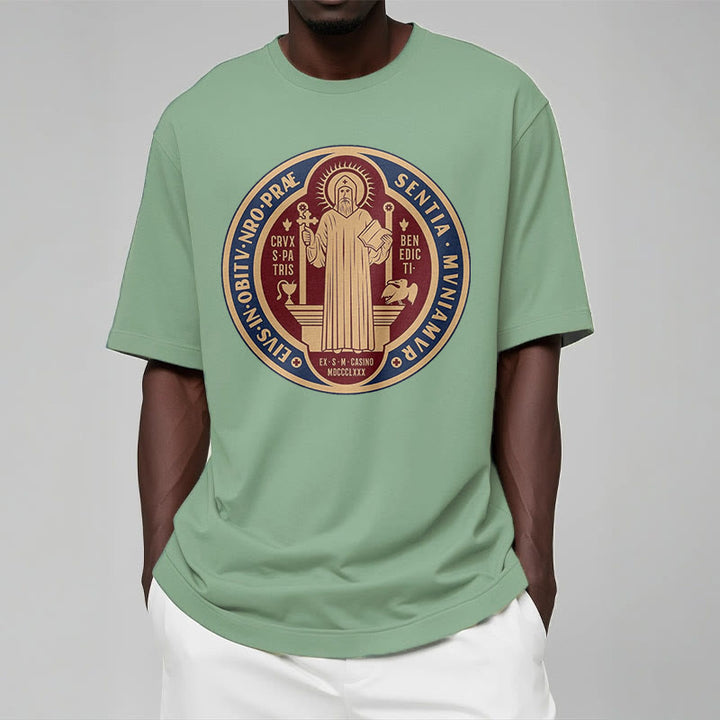 Christianartworkshop Classic Style Iconic Saint Benedict Medal Blessing Short Sleeve Washed T-shirt