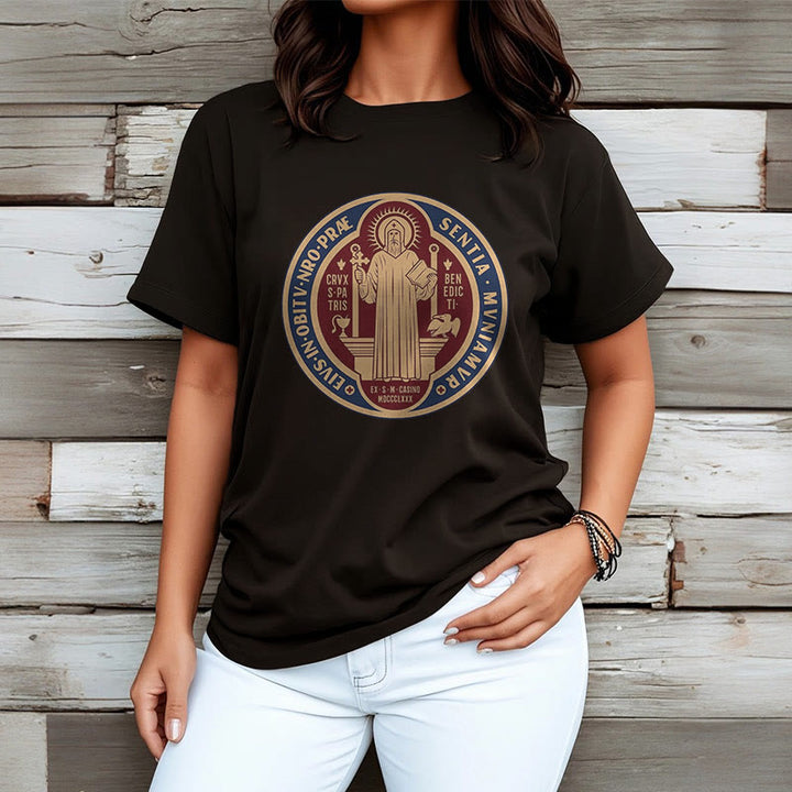 Christianartworkshop Classic Style Iconic Saint Benedict Medal Blessing Short Sleeve Washed T-shirt