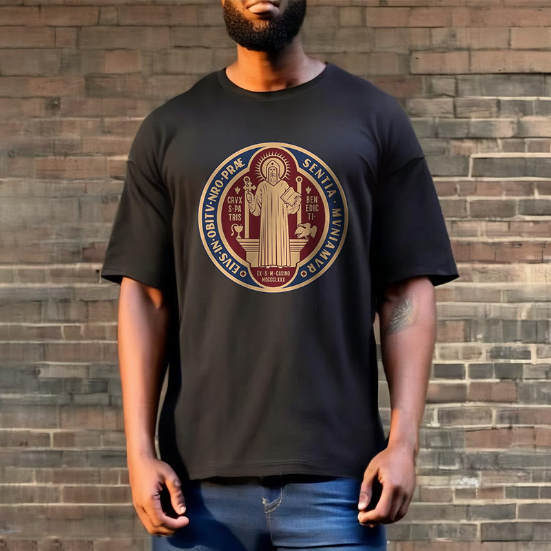 Christianartworkshop Classic Style Iconic Saint Benedict Medal Blessing Short Sleeve Washed T-shirt