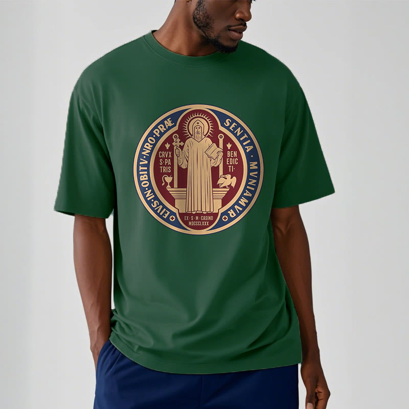 Christianartworkshop Classic Style Iconic Saint Benedict Medal Blessing Short Sleeve Washed T-shirt