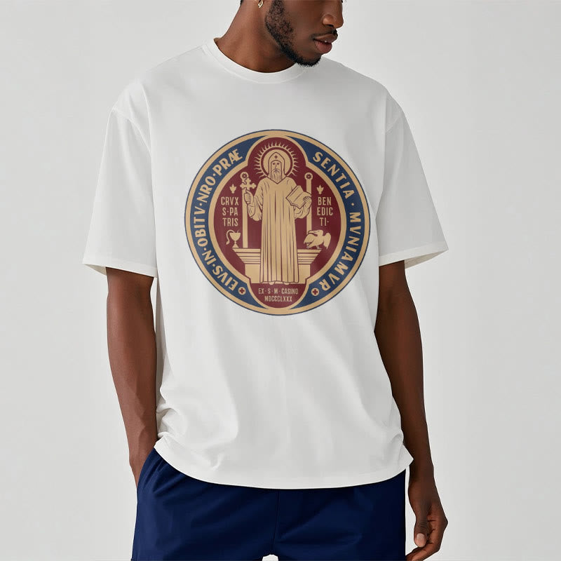 Christianartworkshop Classic Style Iconic Saint Benedict Medal Blessing Short Sleeve Washed T-shirt