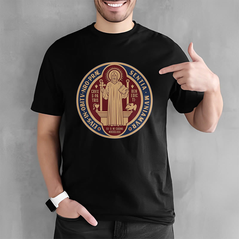 Christianartworkshop Classic Style Iconic Saint Benedict Medal Blessing Short Sleeve Washed T-shirt