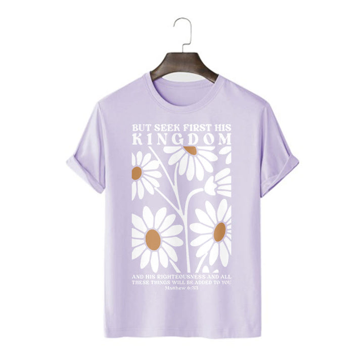 Christianartworkshop Quotation Style Matthew 6:33 But Seek First His Kingdom Floral Short Sleeve Washed T-shirt