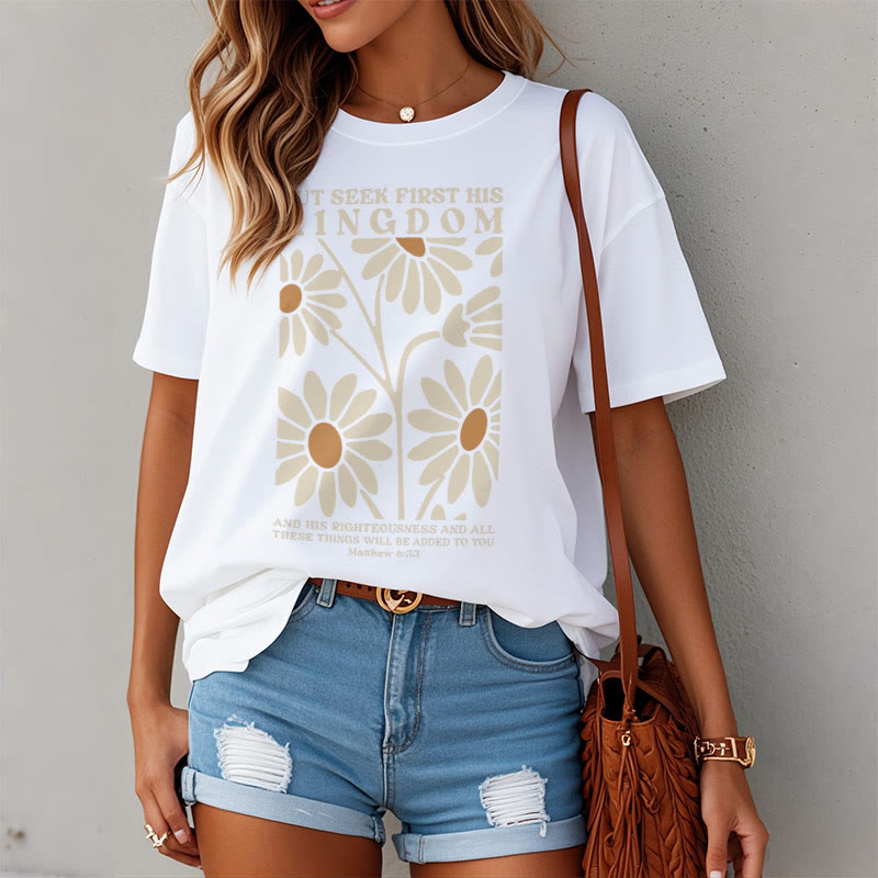 Christianartworkshop Quotation Style Matthew 6:33 But Seek First His Kingdom Floral Short Sleeve T-shirt - image 4