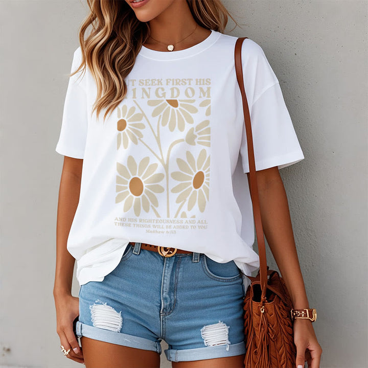 Christianartworkshop Quotation Style Matthew 6:33 But Seek First His Kingdom Floral Short Sleeve T-shirt - image 4