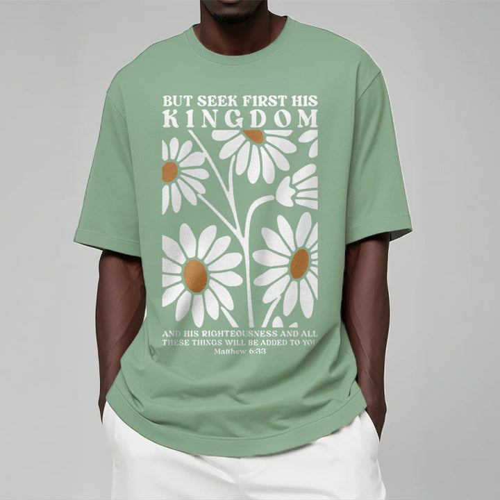 Christianartworkshop Quotation Style Matthew 6:33 But Seek First His Kingdom Floral Short Sleeve Washed T-shirt