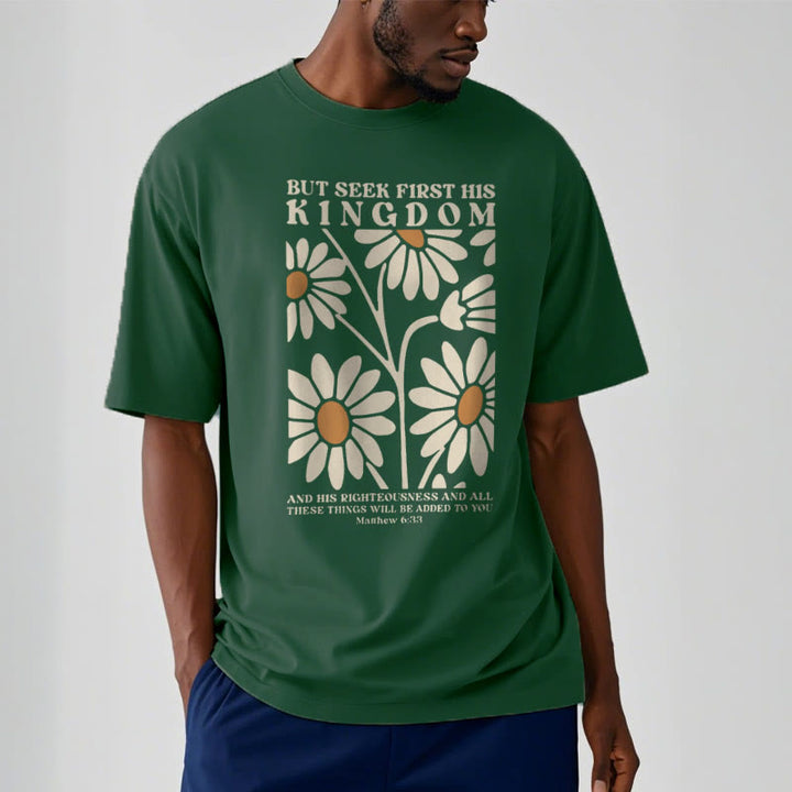 Christianartworkshop Quotation Style Matthew 6:33 But Seek First His Kingdom Floral Short Sleeve Washed T-shirt