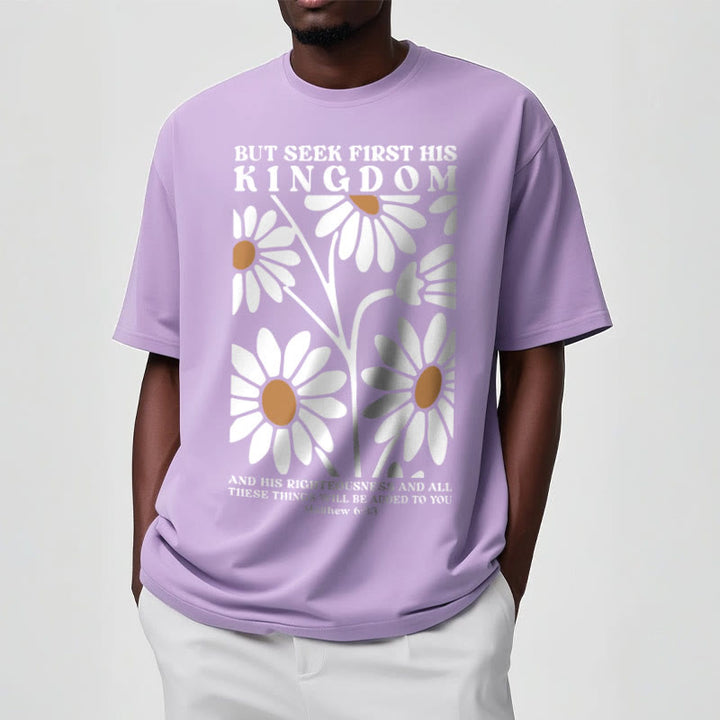 Christianartworkshop Quotation Style Matthew 6:33 But Seek First His Kingdom Floral Short Sleeve Washed T-shirt