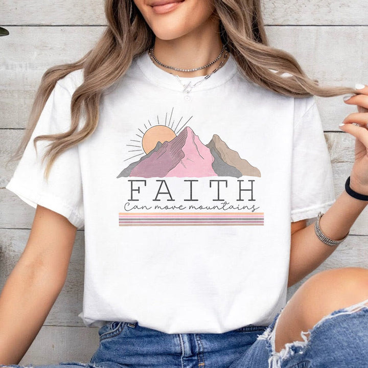 Christianartworkshop Modern Style Faith Can Move Mountains Quote Short Sleeve Washed T-shirt