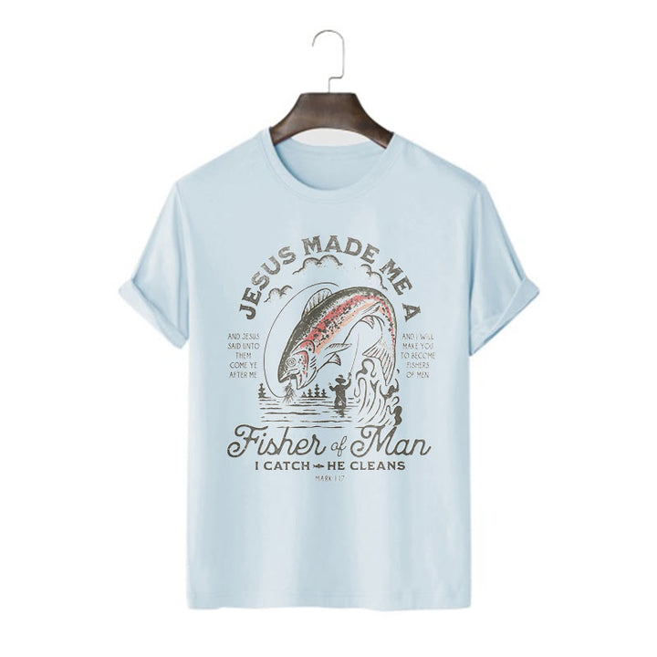 Christianartworkshop Quotaion Style Jesus Made Me A Fisher Of Man Short Sleeve T-shirt - Blue - 2XL - image 15