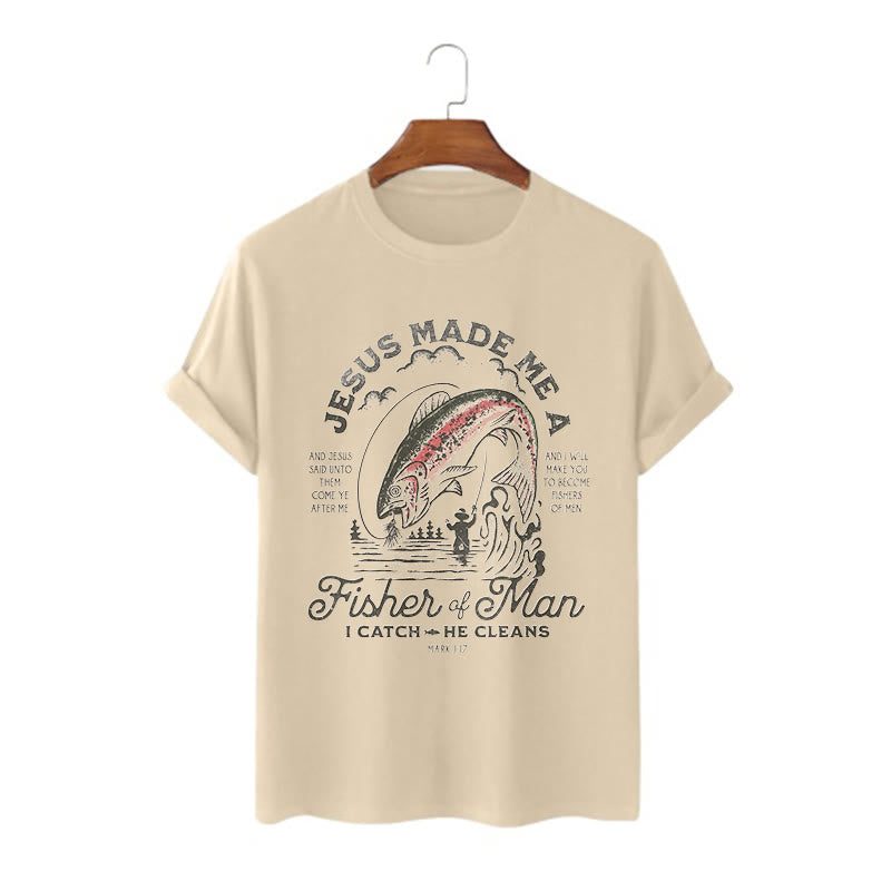 Christianartworkshop Quotaion Style Jesus Made Me A Fisher Of Man Short Sleeve T-shirt - Khaki - 2XL - image 6