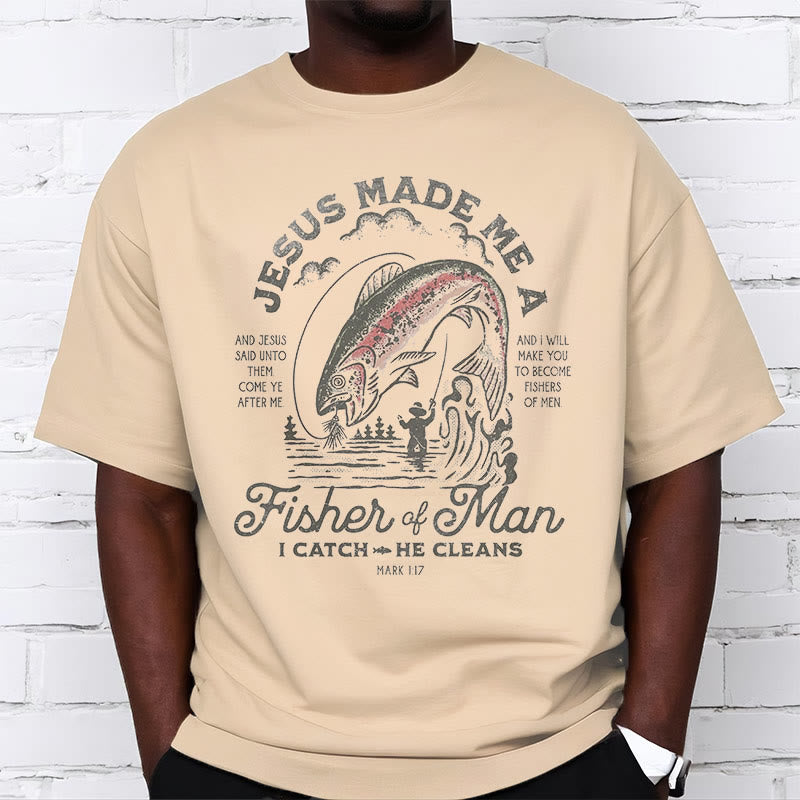 Christianartworkshop Quotaion Style Jesus Made Me A Fisher Of Man Short Sleeve Washed T-shirt