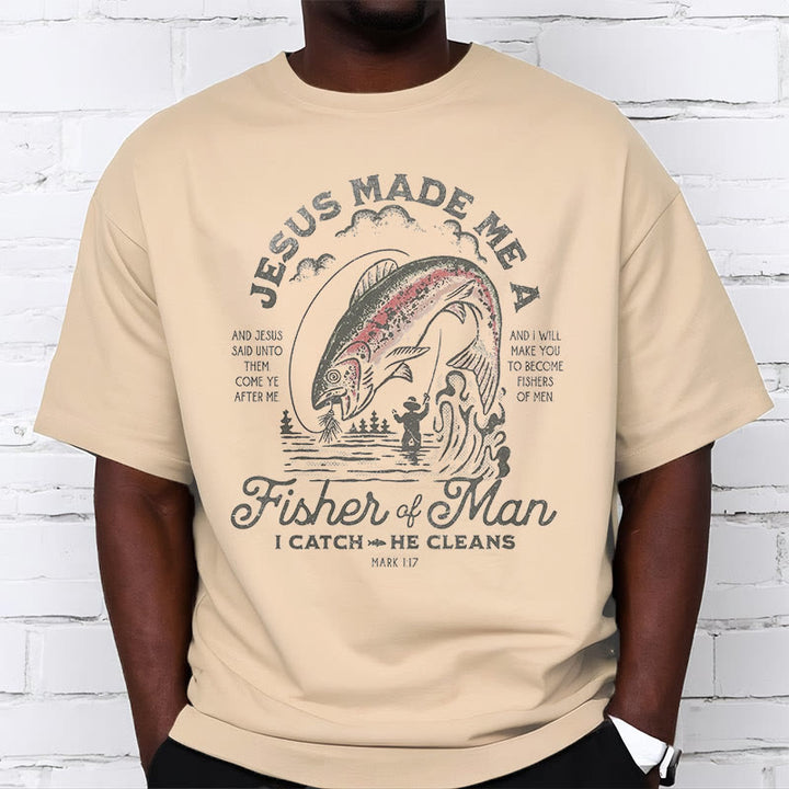 Christianartworkshop Quotaion Style Jesus Made Me A Fisher Of Man Short Sleeve Washed T-shirt