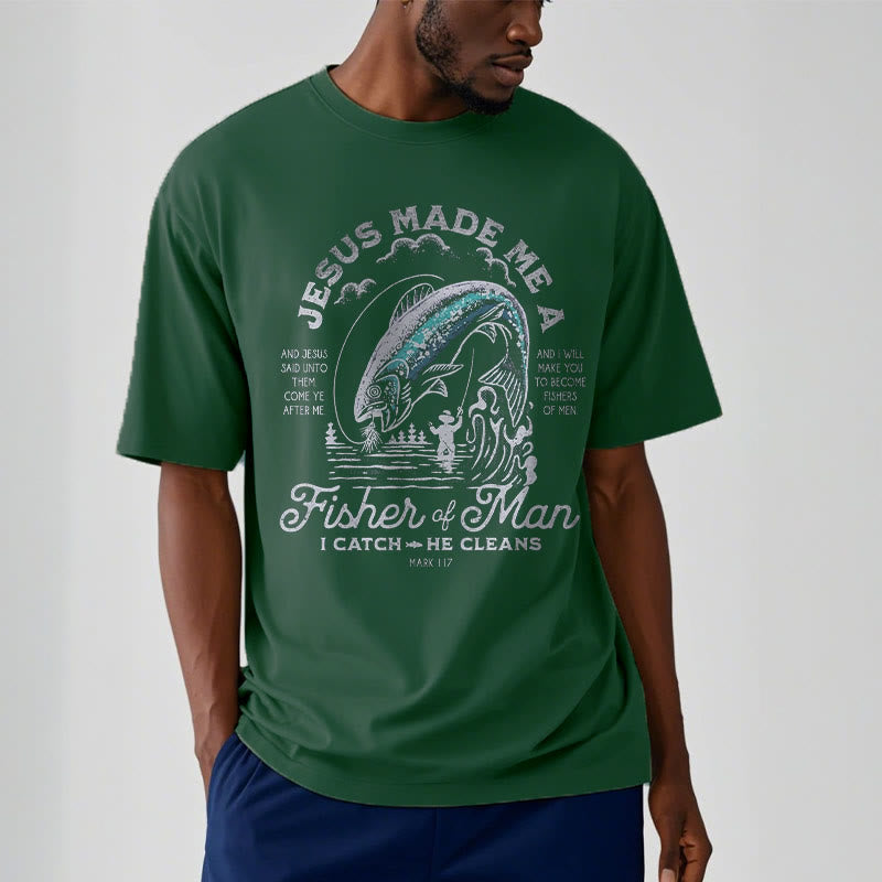 Christianartworkshop Quotaion Style Jesus Made Me A Fisher Of Man Short Sleeve Washed T-shirt