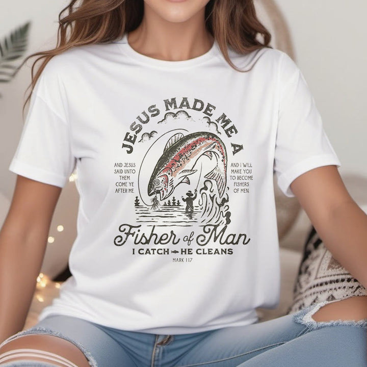 Christianartworkshop Quotaion Style Jesus Made Me A Fisher Of Man Short Sleeve Washed T-shirt