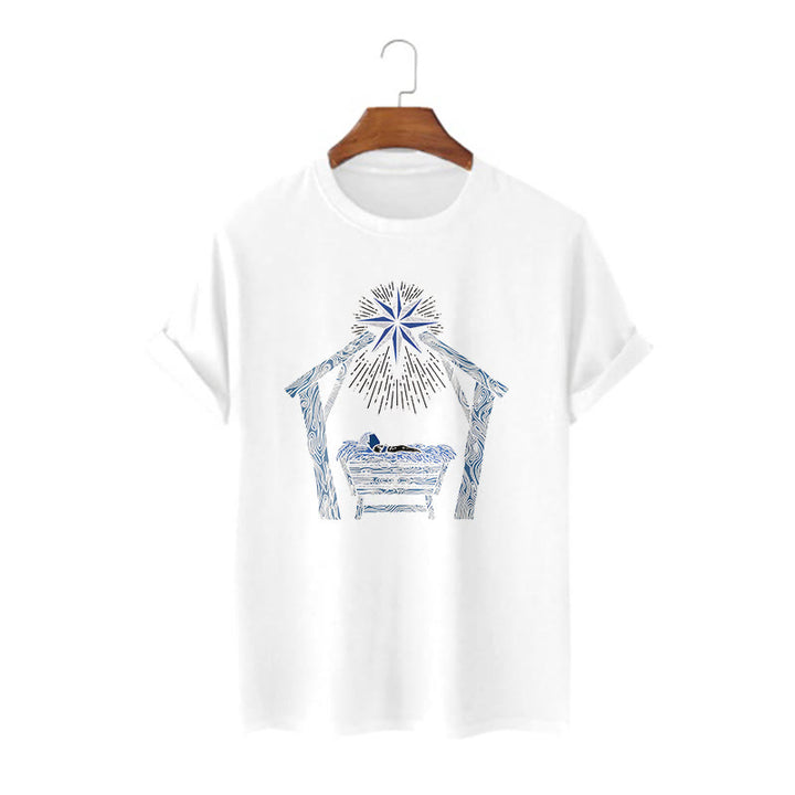 Christianartworkshop Classic Style Nativity Scene Manger And Star Short Sleeve Washed T-shirt