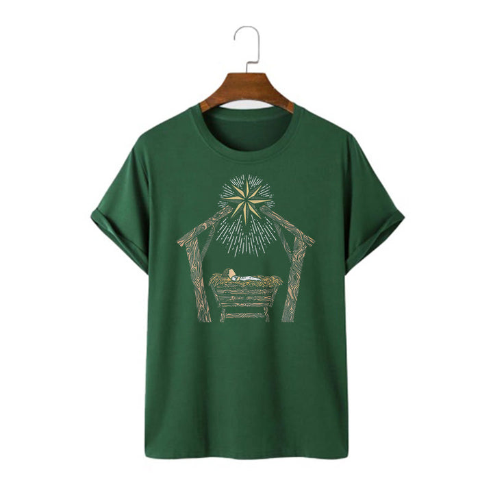 Christianartworkshop Classic Style Nativity Scene Manger And Star Short Sleeve Washed T-shirt