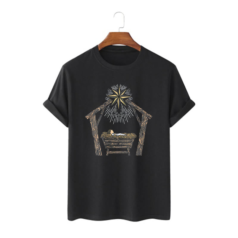 Christianartworkshop Classic Style Nativity Scene Manger And Star Short Sleeve Washed T-shirt