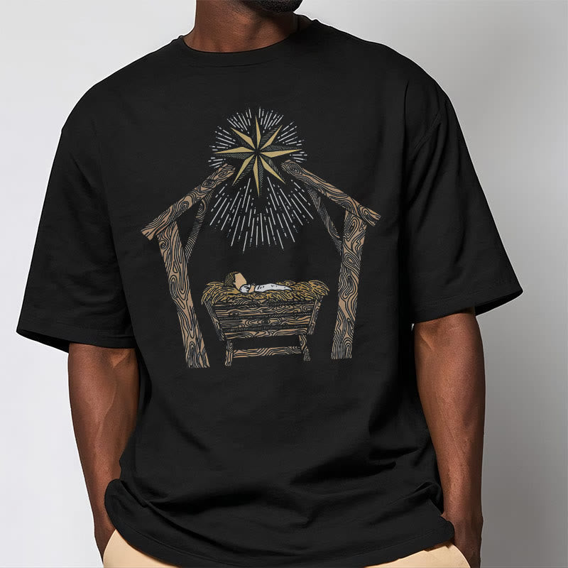 Christianartworkshop Classic Style Nativity Scene Manger And Star Short Sleeve Washed T-shirt