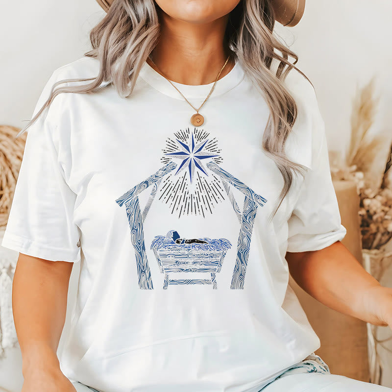 Christianartworkshop Classic Style Nativity Scene Manger And Star Short Sleeve Washed T-shirt