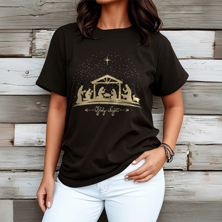 Christianartworkshop Modern Style Nativity Scene Holy Night Silhouett Short Sleeve Washed T-shirt